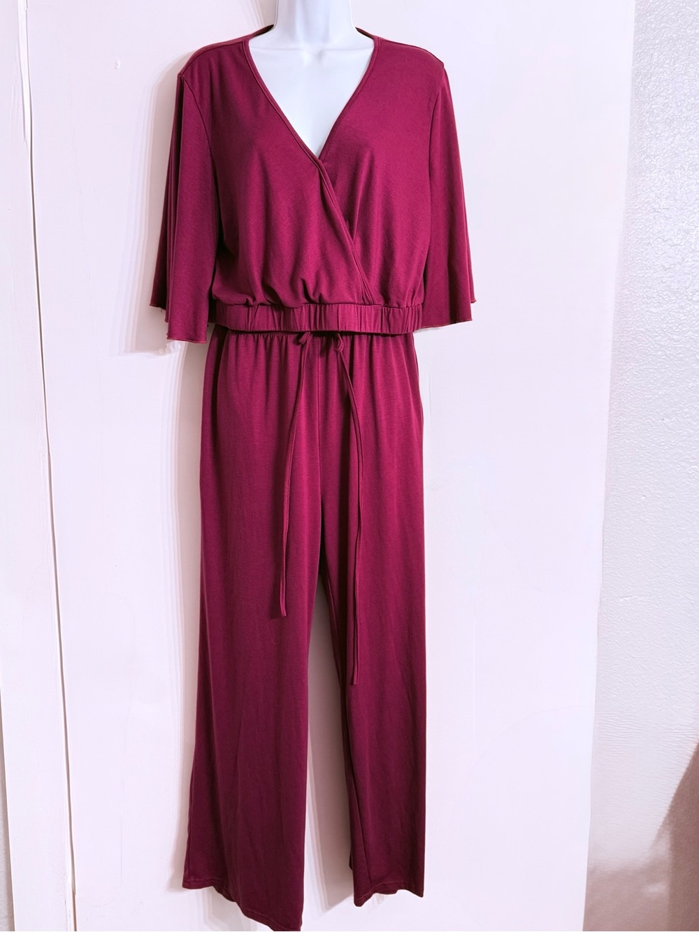 Wrap-Front 2 piece Smocked Drawstring Wide-Leg Jumpsuit in Burgundy Size Large
